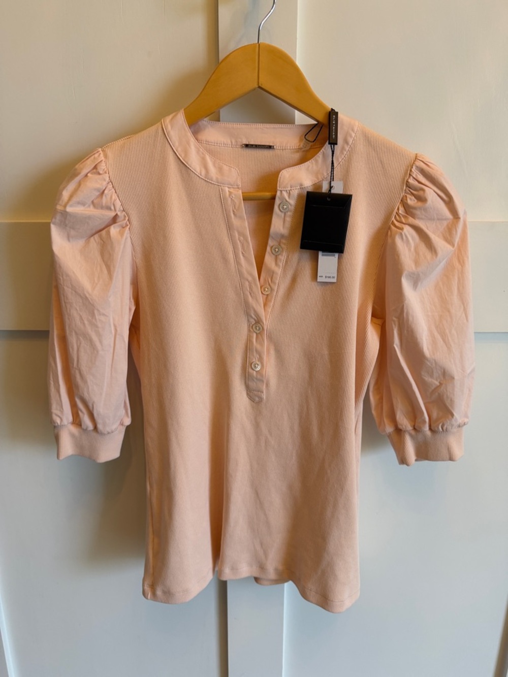 NWT New Elie Tahari Pale Peach Pink Puff Balloon Sleeve Henley Top Size Small